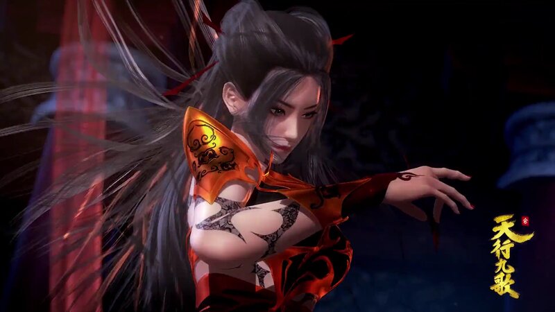 Female Character in Red Outfit — Black, Dramatic, Night