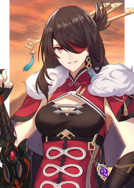 Female Character in Red Outfit — Dramatic, Sunset