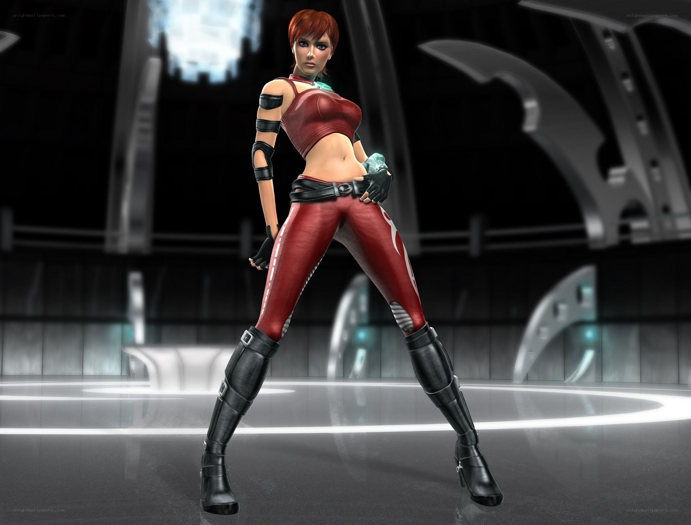 female character in red suit