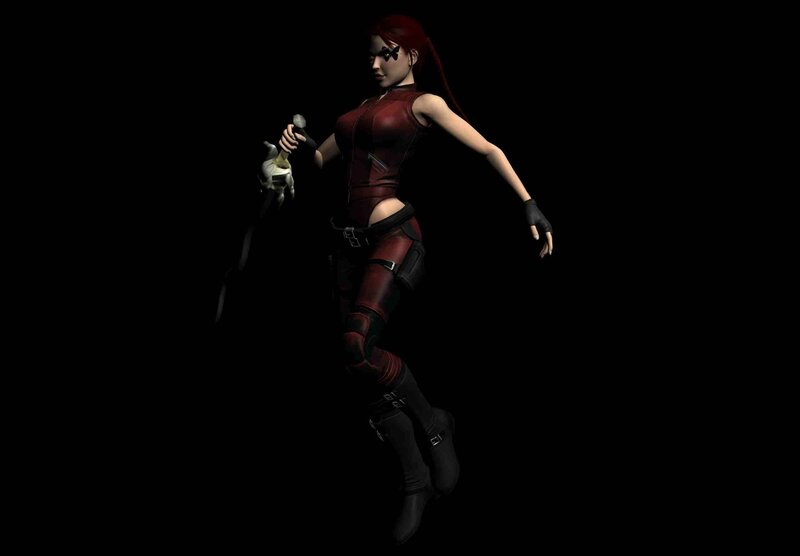 Female Character in Red Suit — Black, Dramatic