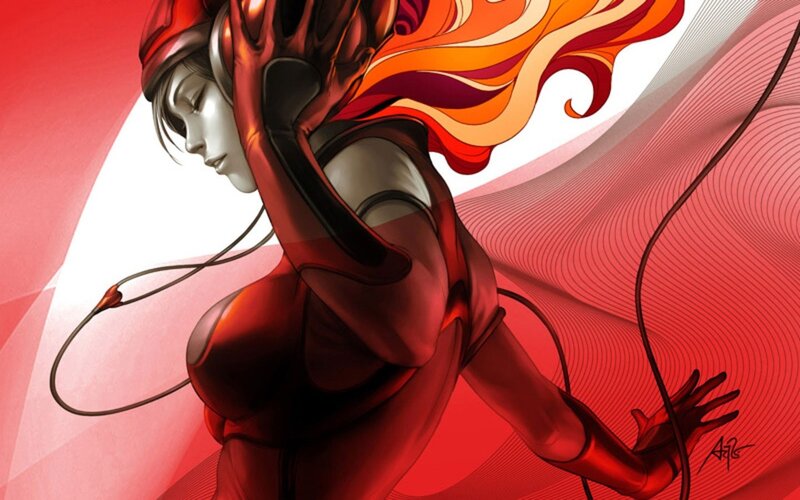 Female Character in Red Suit — Dramatic, Digital Art, Headphones