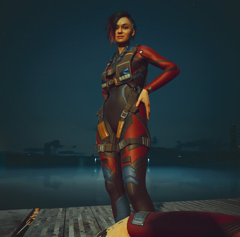 Female Character in Red Suit — Dramatic, Night, 3d Render, Night Sky