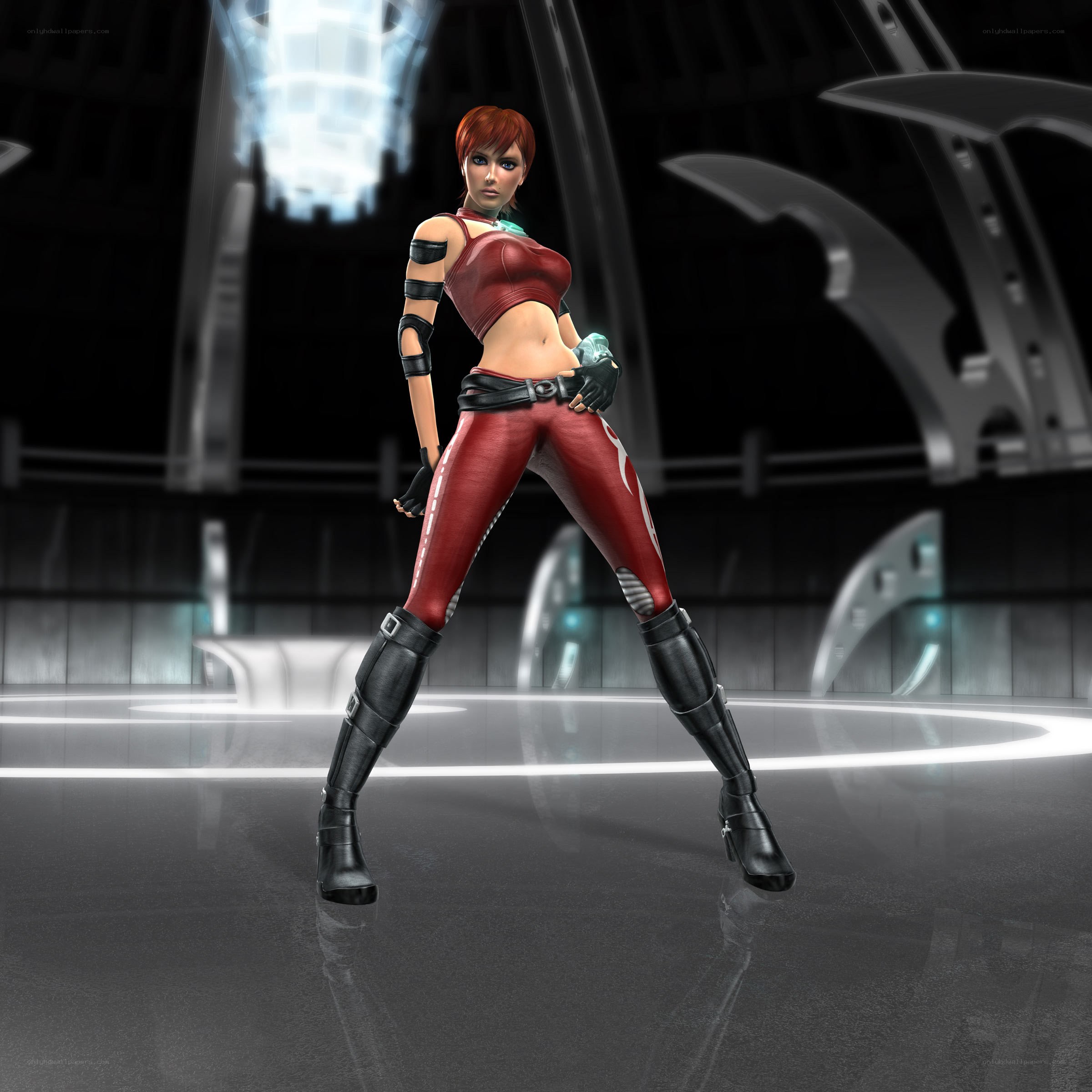 female character in red suit
