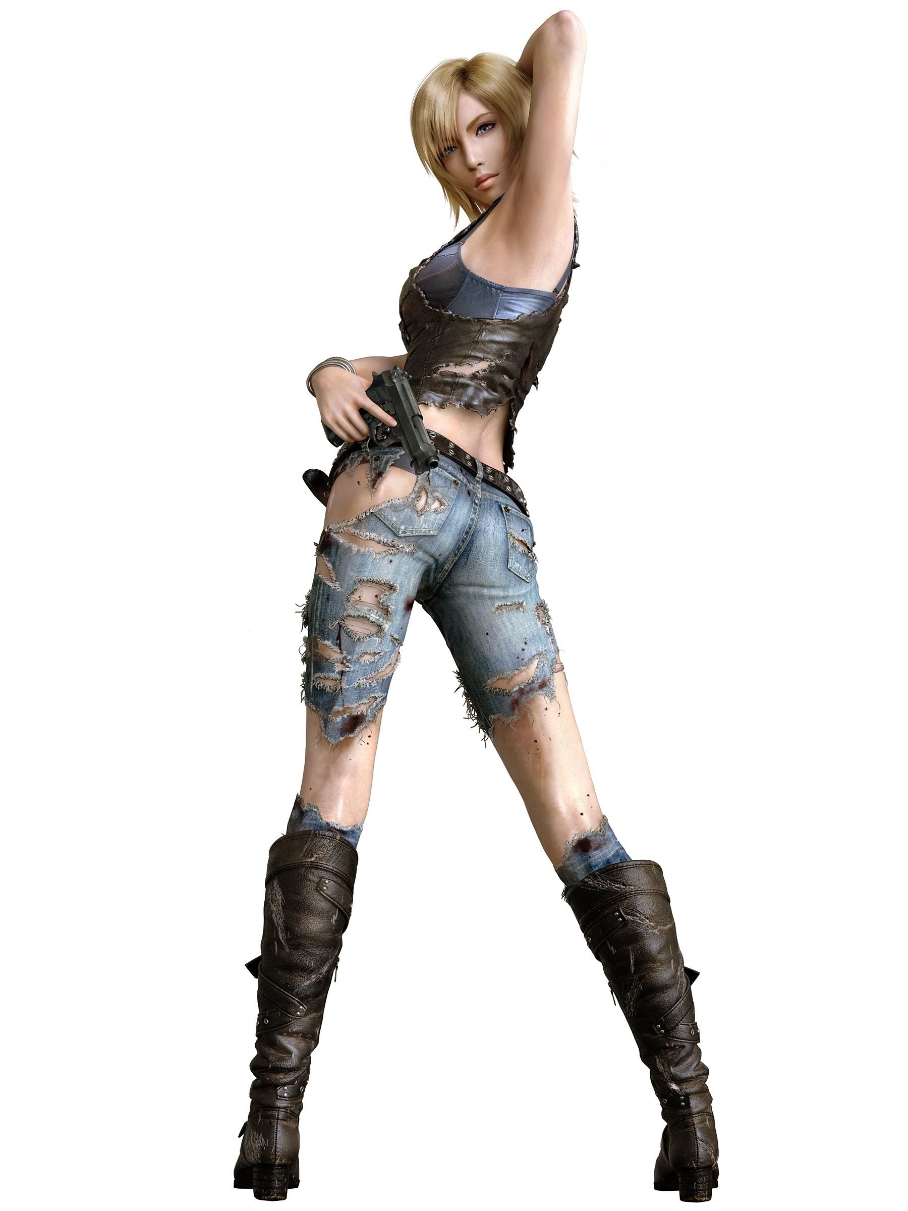 female character in ripped jeans