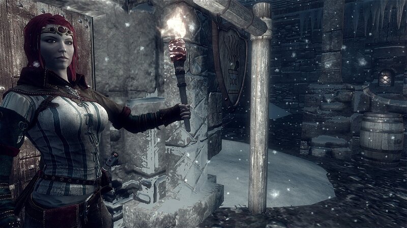 female character in snowy village