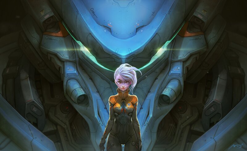 Female Character in Suit — Blue, Dramatic, Digital Art, Spaceship Interior