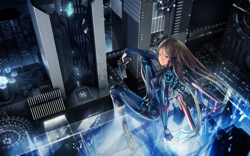 Female Character in Suit — Blue, Dramatic, Night, Digital Art, Gun