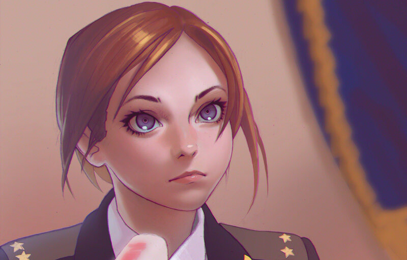 Female Character in Uniform — Brown, Serious