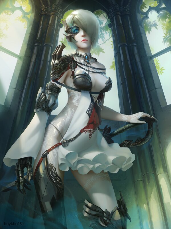 Female Character in White Dress — Dramatic, Digital Art, Armor