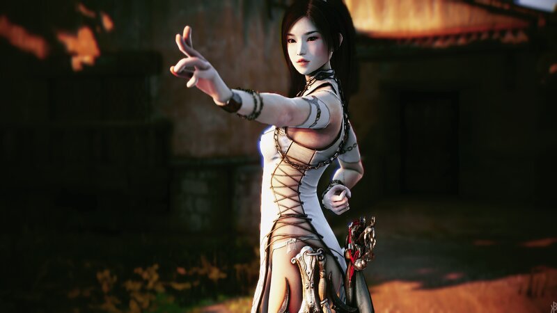 Female Character in White Dress — Dramatic, Sunset