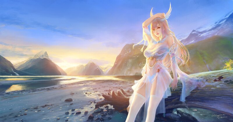 Female Character on Beach — Blue, Serene
