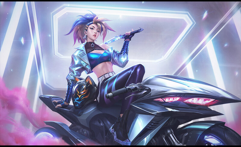 Female Character on Motorcycle — Purple, Dramatic, Digital Art