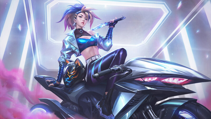 Female Character on Motorcycle — Purple, Dramatic