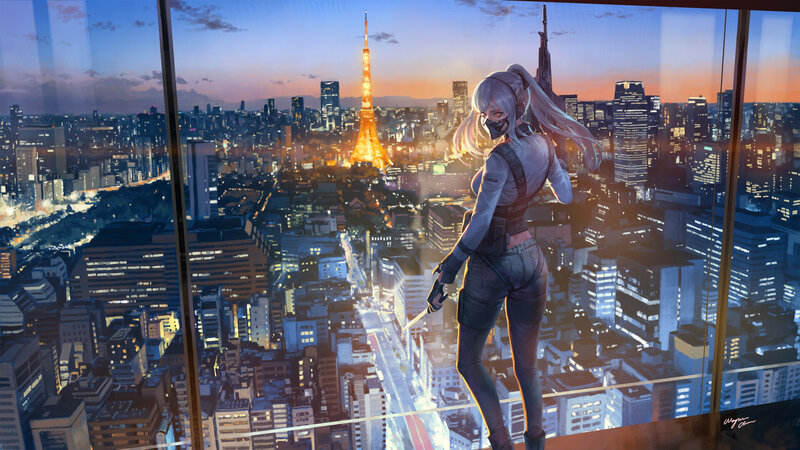 Female Character on Rooftop — Blue
