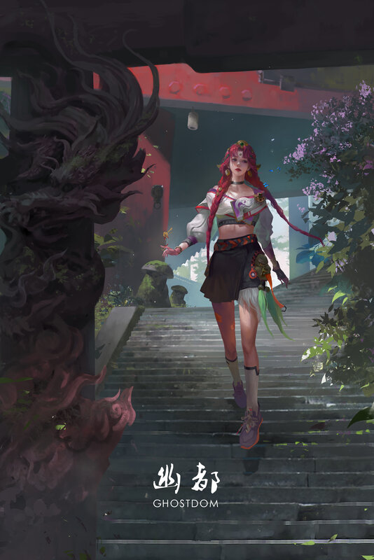 Female Character on Stairs — Purple, Dramatic