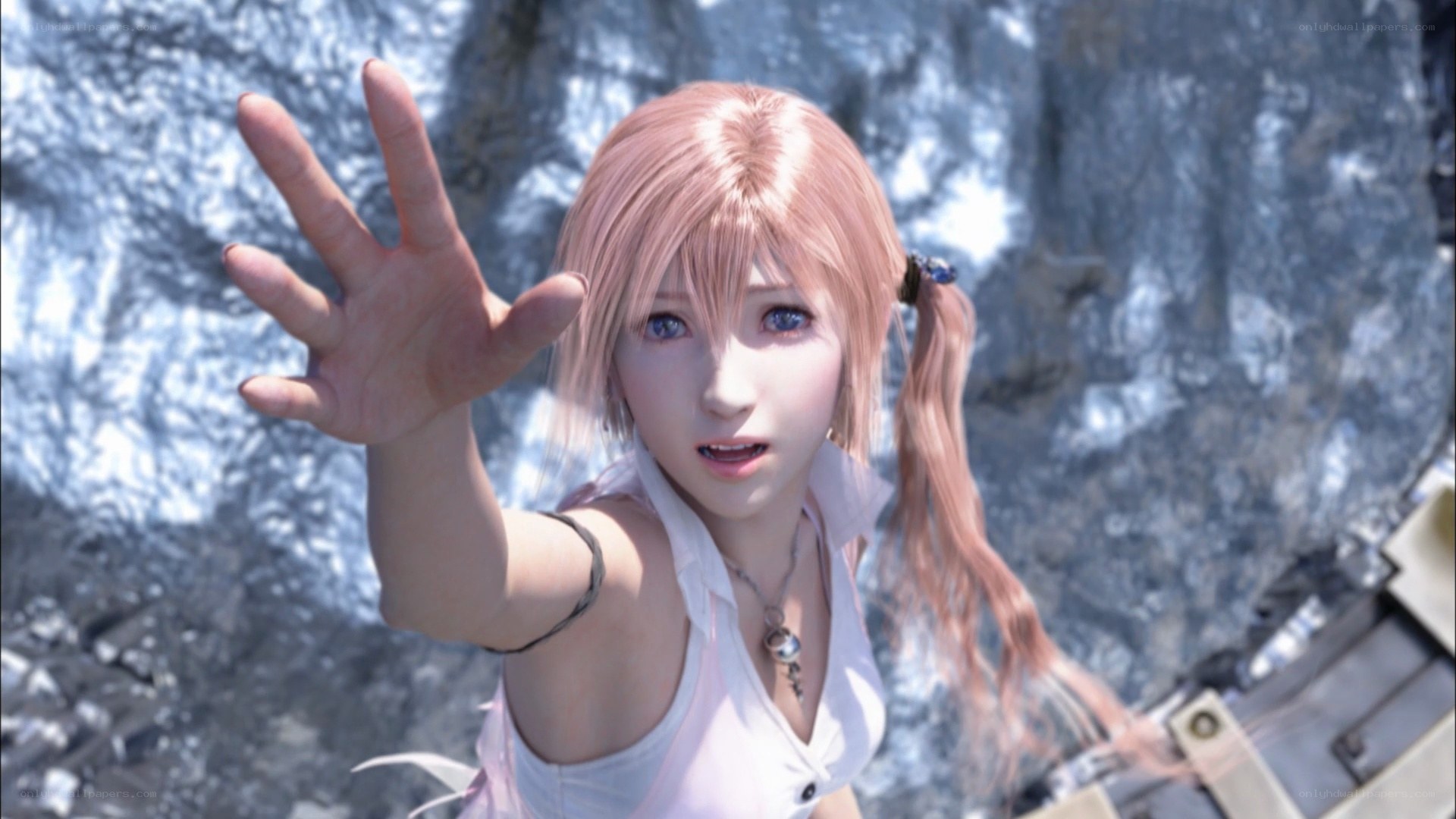 female character reaching forward