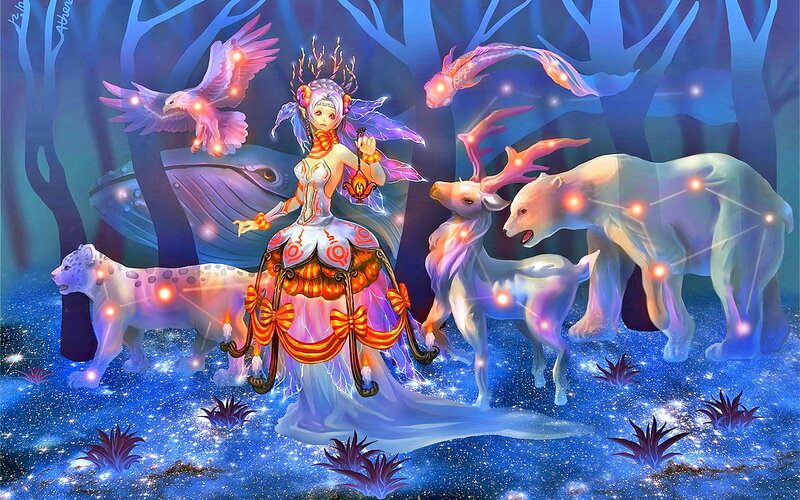 Female Character with Animals — Blue