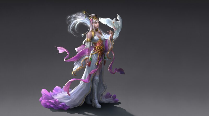 Female Character with Bird — White, Serene