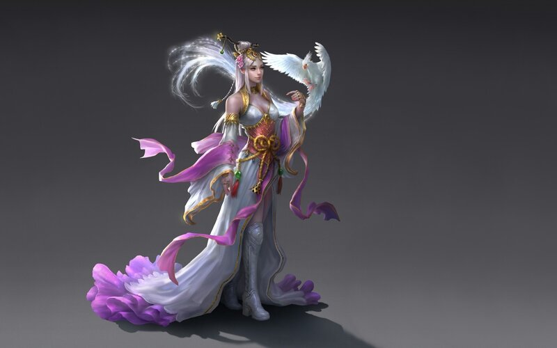 Female Character with Bird — White