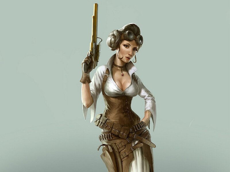 female character with blaster