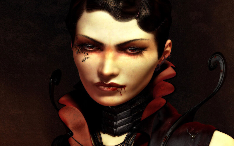 female character with blood and tattoos