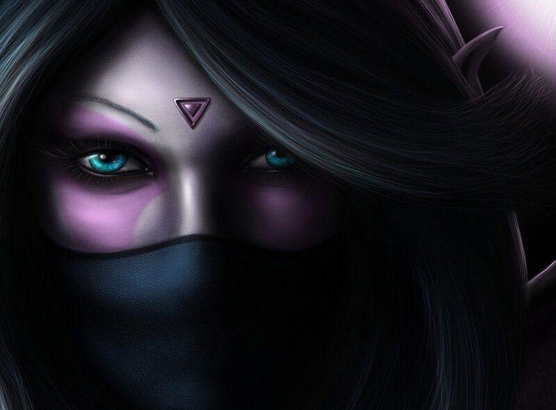 Female Character with Blue Eyes — Black, Dramatic, Digital Art