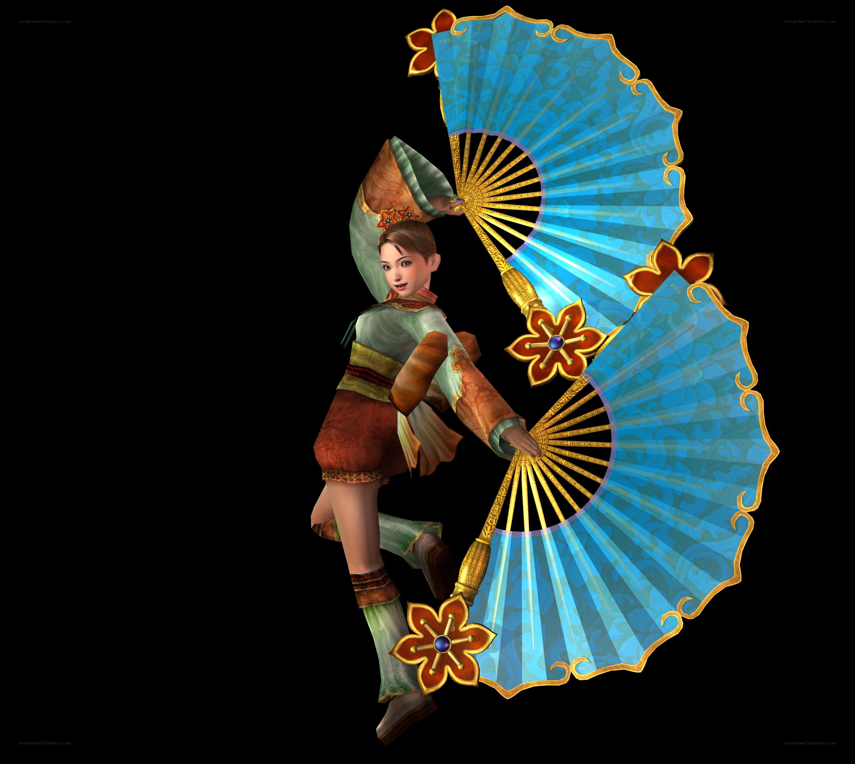 female character with blue fans