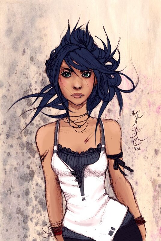 female character with blue hair