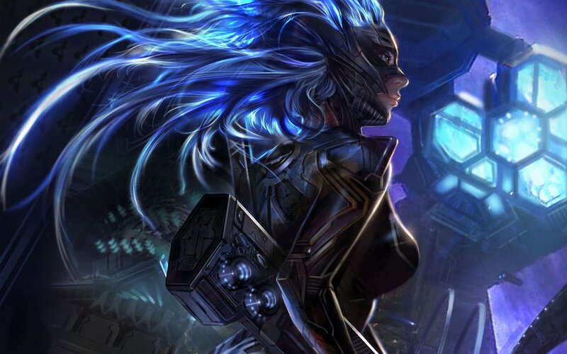 Female Character with Blue Hair — Dramatic, Digital Art, Armor