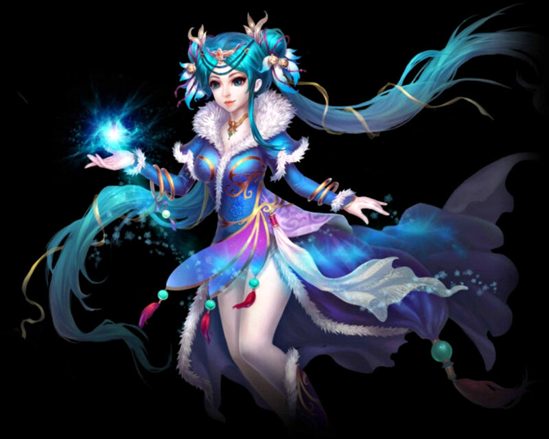 Female Character with Blue Hair — Dramatic, Digital Art, Magic