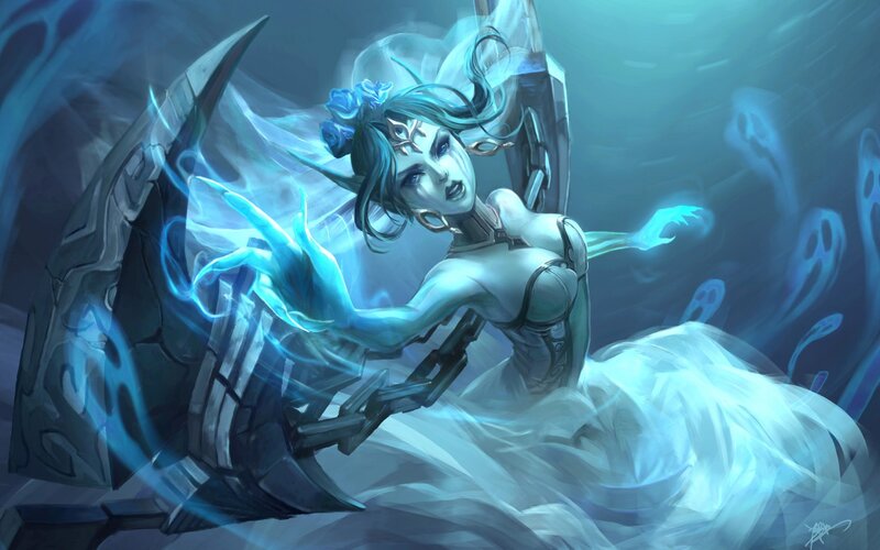 Female Character with Blue Hair — Dramatic, Digital Art, Sword, Ghosts