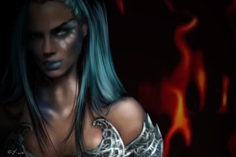 Female Character with Blue Hair — Dramatic, Digital Art