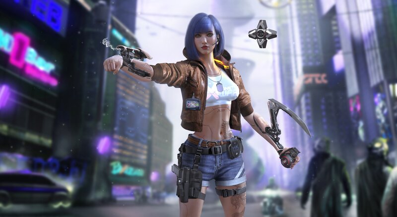 Female Character with Blue Hair — Dramatic, Night, 3d Render