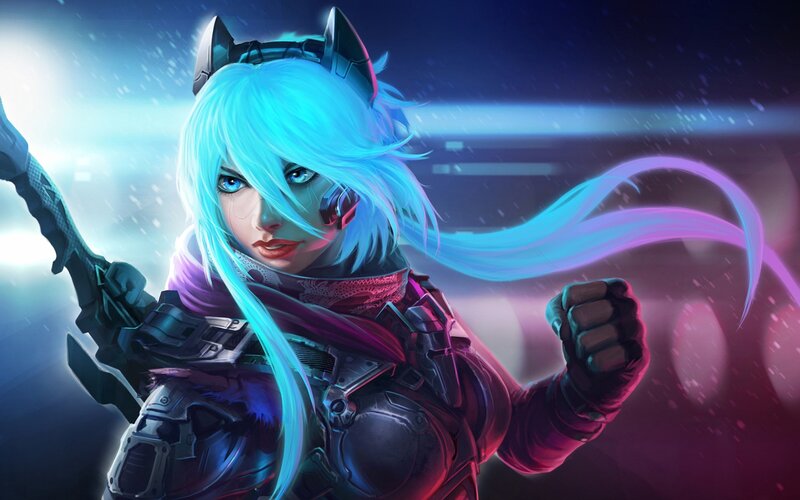 Female Character with Blue Hair — Dramatic, Night, Digital Art, Cat Ears, Weapon