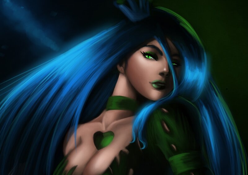 Female Character with Blue Hair — Dramatic, Night, Digital Art, Green Eyes