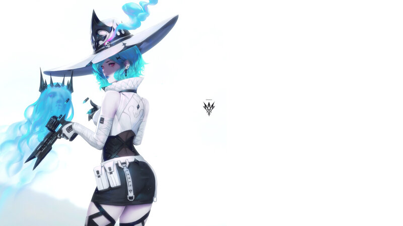 Female Character with Blue Hair — White, Dramatic