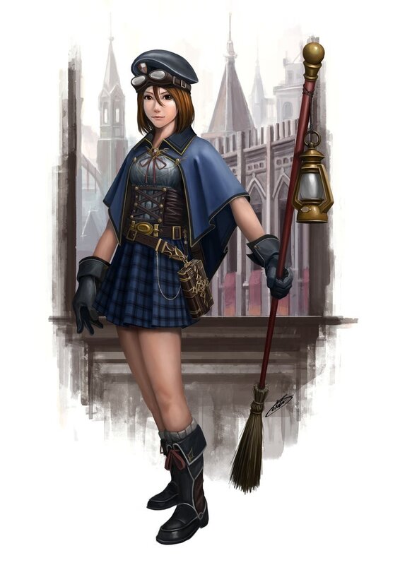 female character with broom