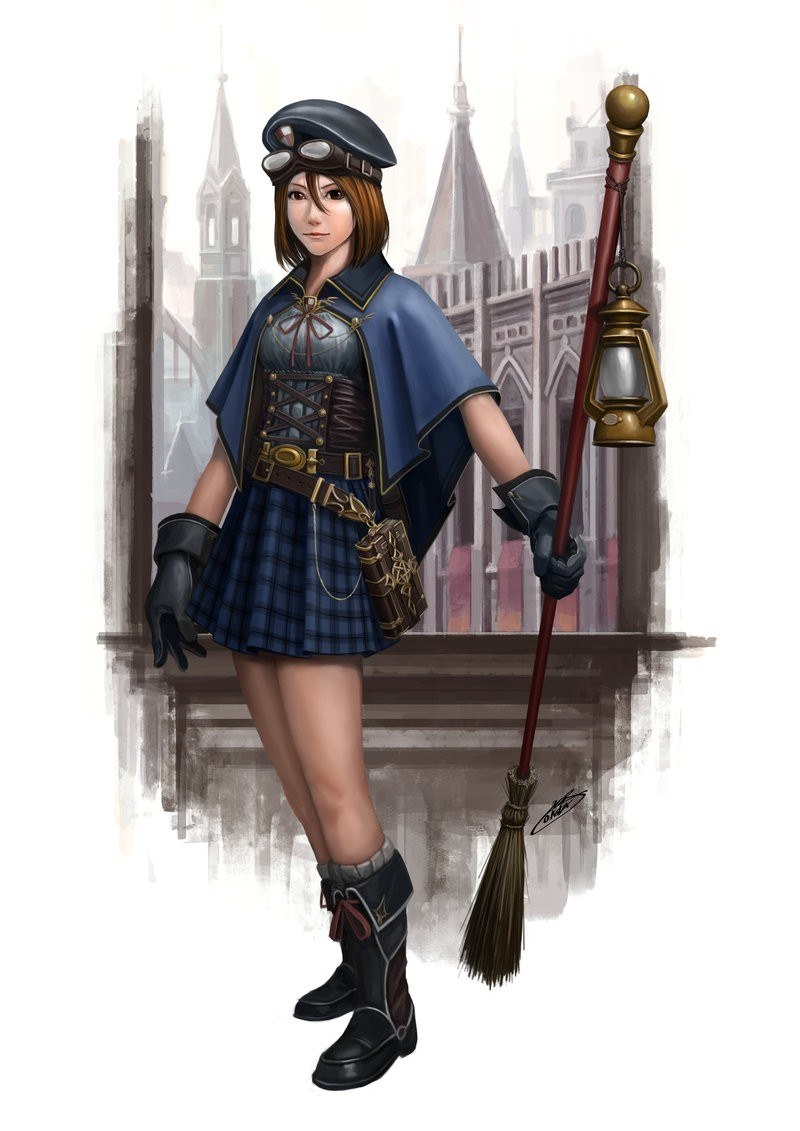 female character with broom