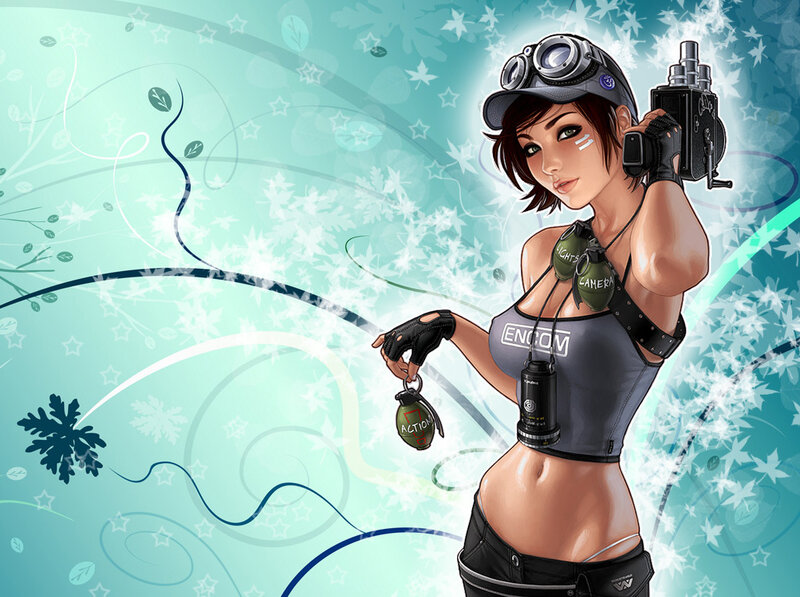 female character with camera and grenade