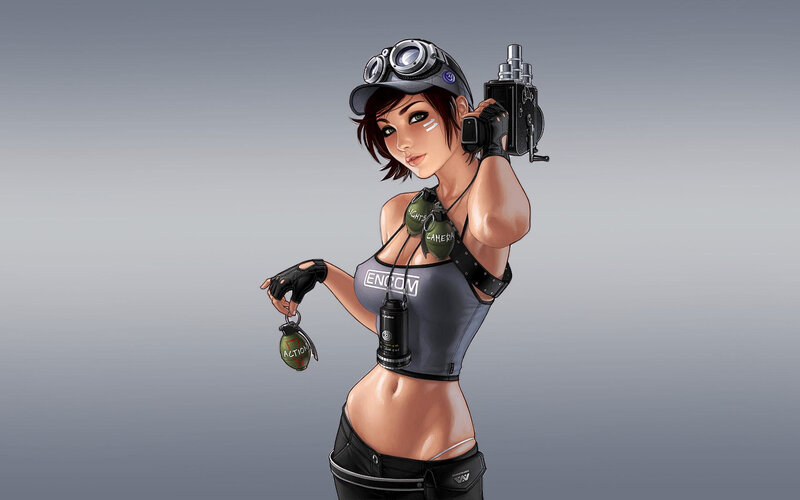female character with camera and grenade