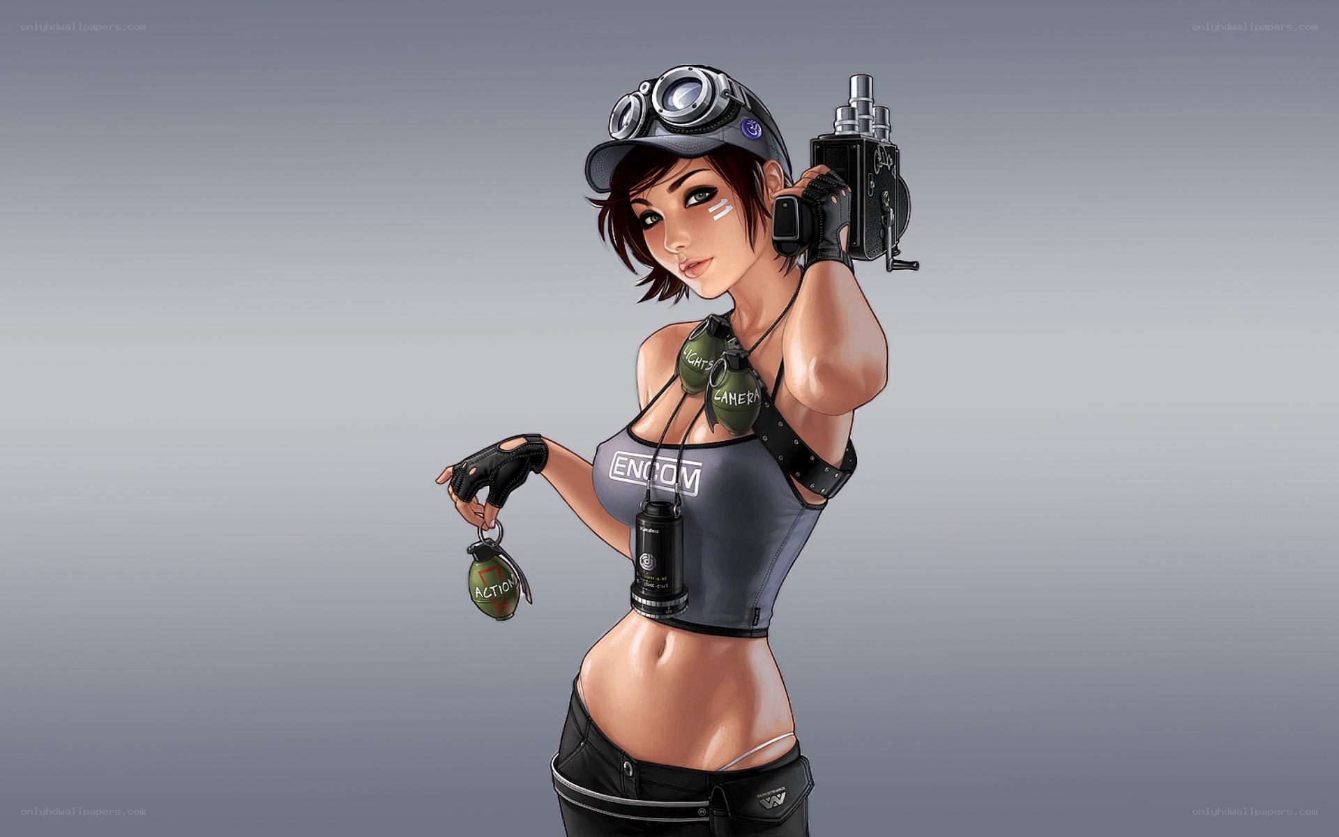 female character with camera and grenade