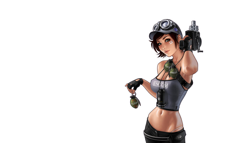 female character with camera and grenade