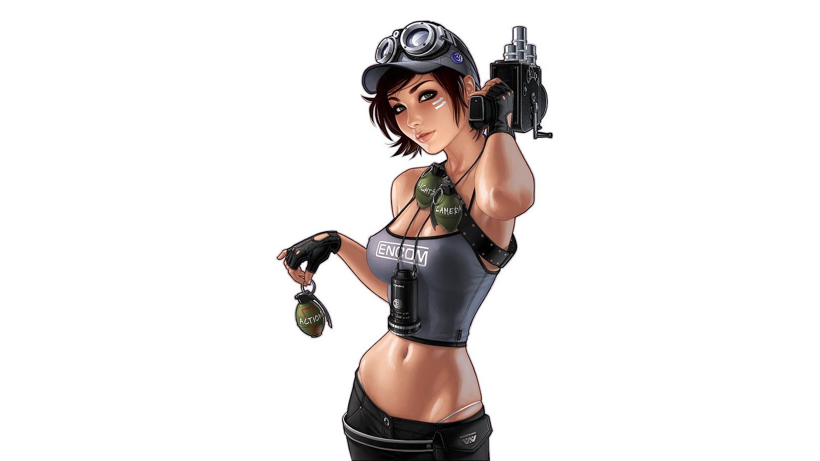 female character with camera and grenade