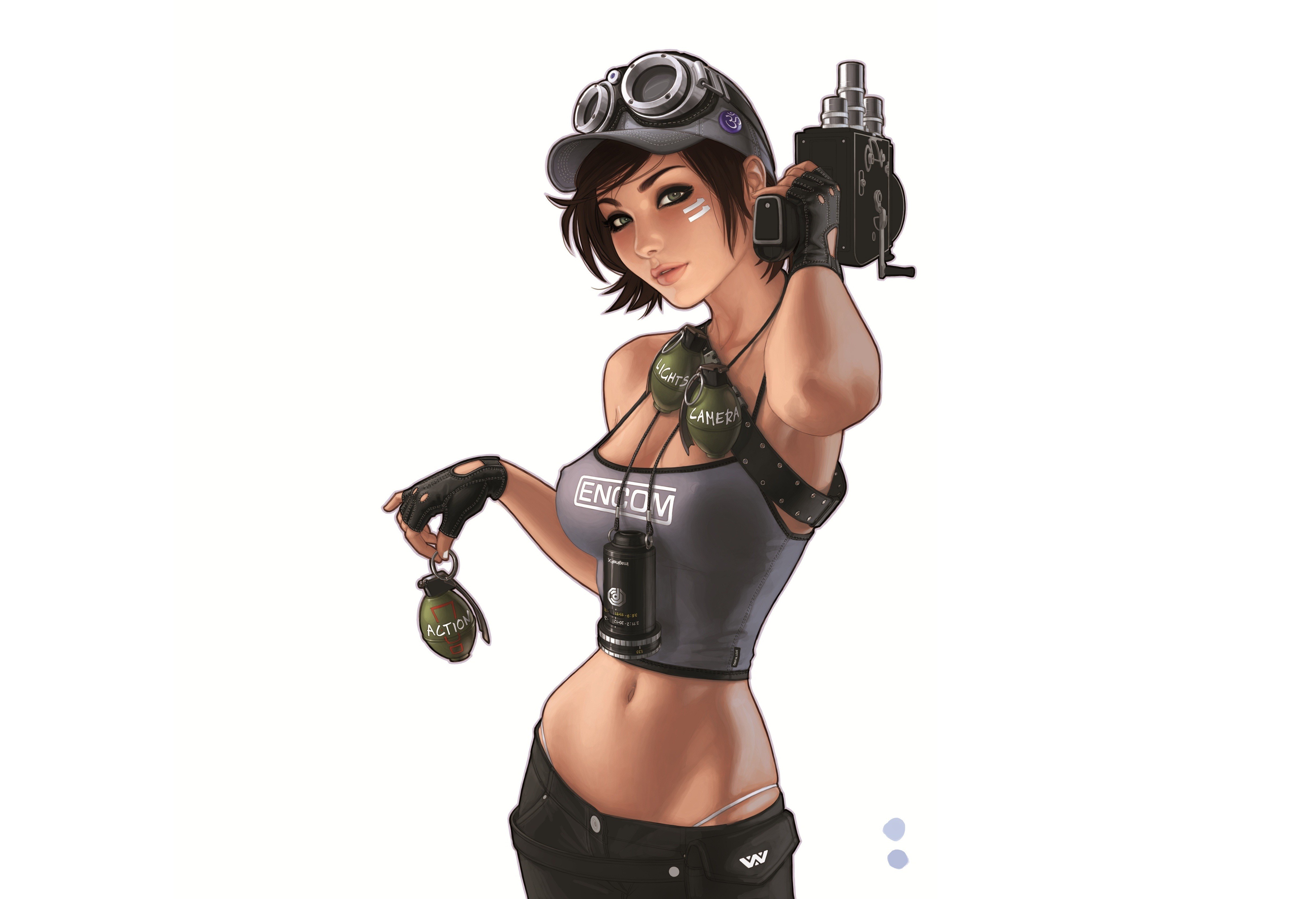 female character with camera and grenade