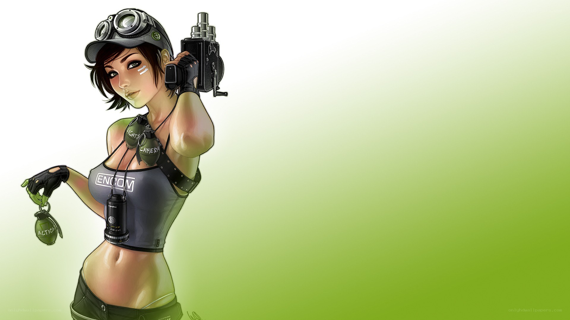 female character with camera and grenade