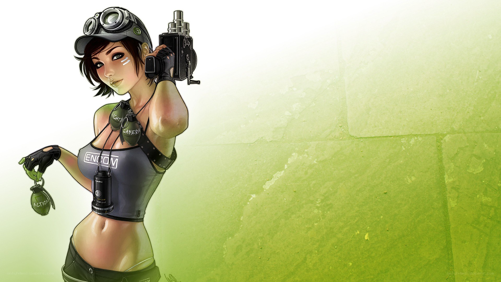 female character with camera and grenade