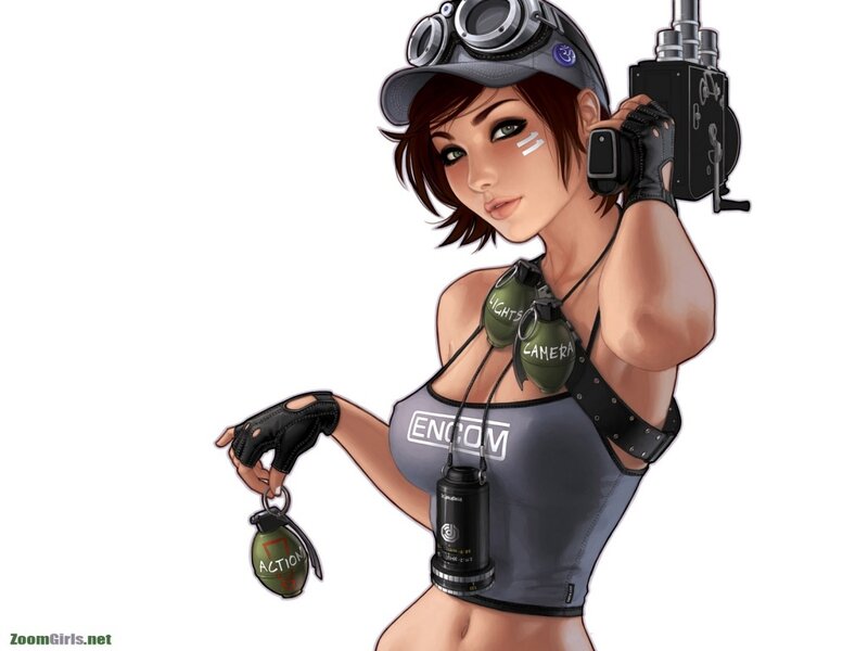 female character with camera and grenades