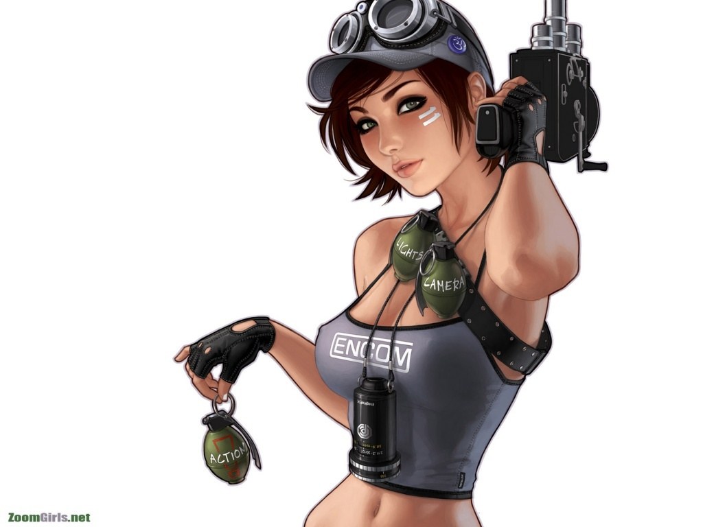 female character with camera and grenades