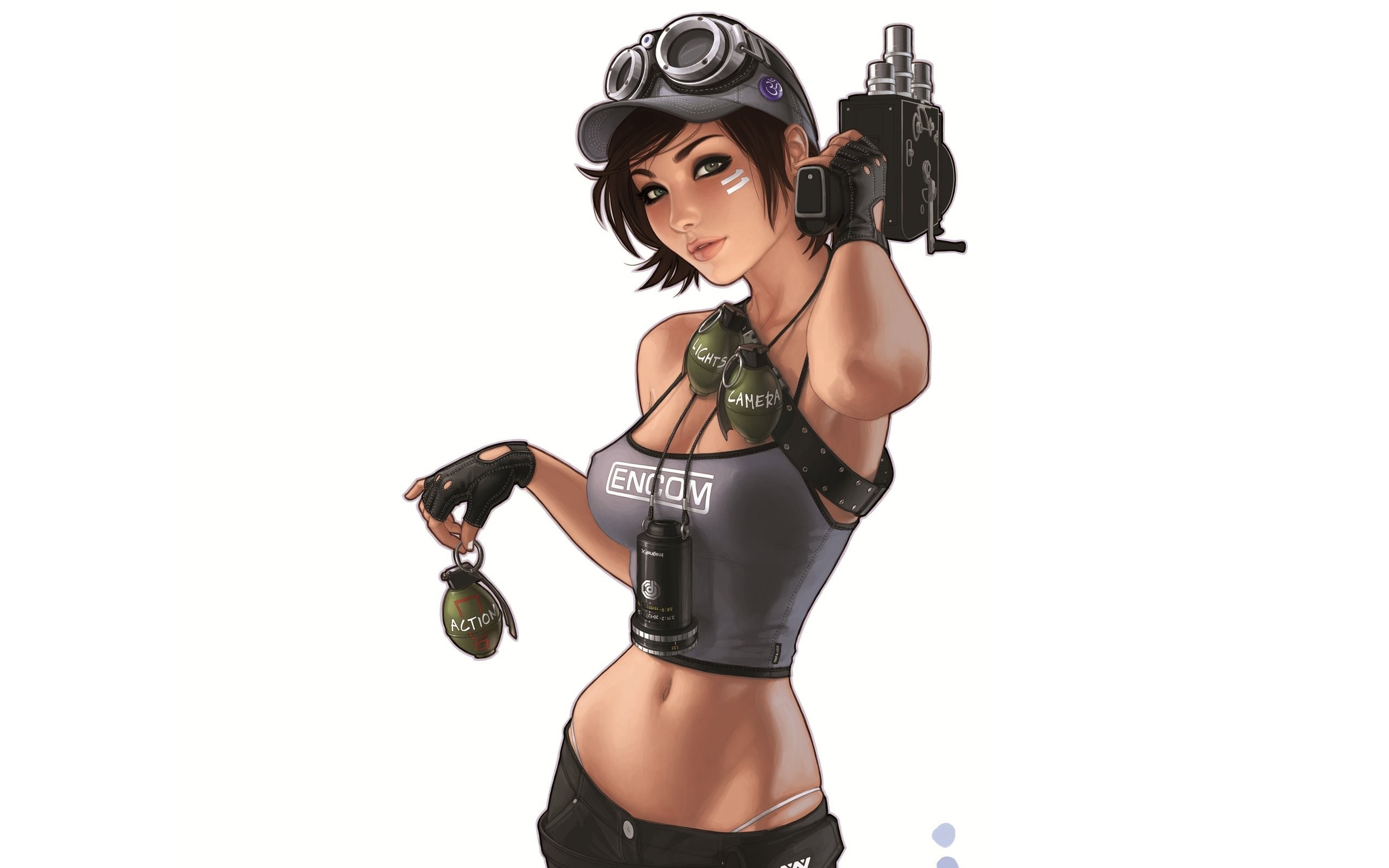 female character with camera and grenades