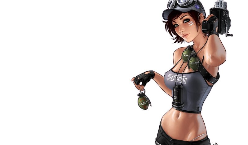 female character with camera and grenades